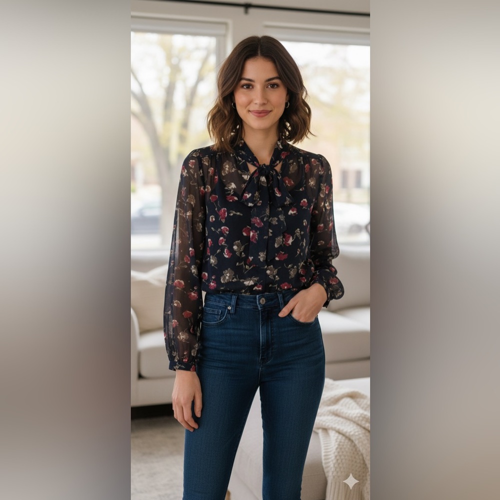Express Navy Floral Sheer blouse 👚